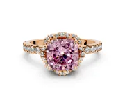 Halo Engagement Ring Setting for Fancy Pink Cushion Cut Center with Openwork Halo, Pave Band and Prong Head in Rose Gold