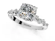 Cluster Engagement Ring Setting for Cushion Cut Center with Round Cut Accent Band and Prong Head in White Gold