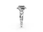 Halo Engagement Ring Setting for Emerald Cut Center with Open Scroll Shoulders and Prong Head in Sterling Silver