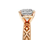 Solitaire Engagement Ring Setting for Cushion Cut Center with Milgrain X Pattern Band and Prong Head in Rose Gold