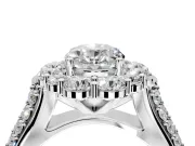 Large Accent Halo Engagement Ring Setting for Oval Center with Pave Split Shank and Prong Head in Platinum