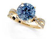 Solitaire Engagement Ring Setting for Fancy Blue Round Cut Center with Narrow Twist Pave Band and Prong Head in Yellow Gold
