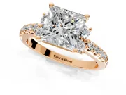 Paired Accent Engagement Ring Setting for Princess Cut Center with Pave Band and Prong Head in Rose Gold