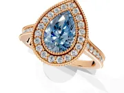 Halo Engagement Ring Setting for Fancy Blue Pear-Shaped Center with Milgrain Pave Band and Bezel Head in Rose Gold