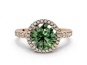 Accent Halo Engagement Ring Setting for Fancy Green Round Cut Center with Full-Length Pave Band and Prong Head in Rose Gold
