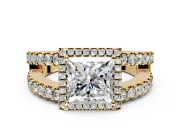 Halo Engagement Ring Setting for Princess Cut Center with Wide-Open Pave Split Shank and Prong Head in Yellow Gold