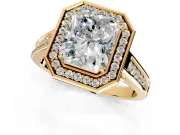 Halo Engagement Ring Setting for Emerald Cut Center with Outer Bezel Rim, Pave Band and Prong Head in Yellow Gold