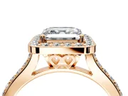 Halo Engagement Ring Setting for Asscher Cut Center with Pave Accents, Heart Basket and Prong Head in Rose Gold