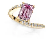 Solitaire Engagement Ring Setting for Fancy Pink Emerald Cut Center with Pave Bypass Swirl Band and Prong Head in Yellow Gold