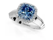 Halo Engagement Ring Setting for Fancy Blue Cushion Cut Center with Knife Ridge Cathedral Band and Prong Head in Platinum