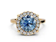 Single Halo Engagement Ring Setting for Fancy Blue Round Cut Center with Corner Claws, Plain Band and Prong Head in Yellow Gold