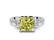 3 Stone Engagement Ring Setting for Fancy Yellow Princess Cut Center with Round Cut Side Accents and Prong Head in White Gold