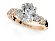 5 Stone Engagement Ring Setting for Oval Center with Plain Band and Prong Head in Rose Gold