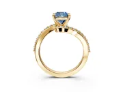 Solitaire Engagement Ring Setting for Fancy Blue Cushion Cut Center with Pave Bypass Swirl Band and Prong Head in Yellow Gold