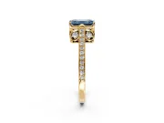 Cathedral Engagement Ring Setting for Fancy Blue Emerald Cut Center with Antique-Style Pave Band and Prong Head in Yellow Gold