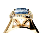 Halo Engagement Ring Setting for Fancy Blue Princess Cut Center with Square Band and Prong Head in Yellow Gold