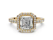 Halo Engagement Ring Setting for Asscher Cut Center with Inner Milgrain Border and Prong Head in Yellow Gold