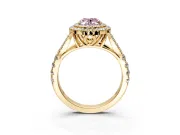 Double Halo Engagement Ring Setting for Fancy Pink Oval Center with Narrow Pave Split Shank and Prong Head in Yellow Gold