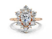 Small-Accent Cluster Halo Engagement Ring Setting for Pear-Shaped Center with Plain Band and Prong Head in Rose Gold