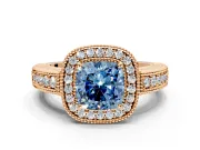 Milgrain Halo Engagement Ring Setting for Fancy Blue Cushion Cut Center with Pave Band and Prong Head in Rose Gold