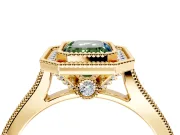 Halo Engagement Ring Setting for Fancy Green Emerald Cut Center with Milgrain Pave Band and Bezel Head in Yellow Gold