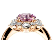 Small-Accent Cluster Halo Engagement Ring Setting for Fancy Pink Round Cut Center with Plain Band and Prong Head in Rose Gold