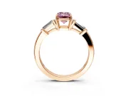 3 Stone Engagement Ring Setting for Fancy Pink Emerald Cut Center with Baguette Accents and Prong Head in Rose Gold