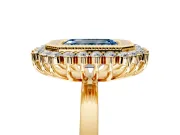 Halo Engagement Ring Setting for Fancy Blue Emerald Cut Center with Milgrain Bezel Rim, Plain Band and Prong Head in Yellow Gold