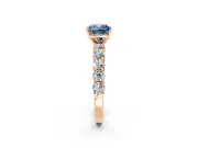 Shared-Prong Engagement Ring Setting for Fancy Blue Cushion Cut Center with Graduated Accents and Prong Head in Rose Gold