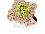 Cluster Halo Engagement Ring Setting for Fancy Yellow Princess Cut Center with Milgrain Bezel Accents and Prong Head in Rose Gold
