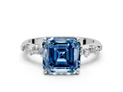 Cluster Engagement Ring Setting for Fancy Blue Asscher Cut Center with Round Cut Accent Band and Prong Head in Sterling Silver