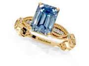 Solitaire Engagement Ring Setting for Fancy Blue Emerald Cut Center with Marquise Panel Band and Prong Head in Yellow Gold