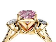 3 Stone Engagement Ring Setting for Fancy Pink Cushion Cut Center with Crossover Basket, Pave Band and Prong Head in Yellow Gold