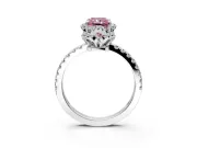 Halo Engagement Ring Setting for Fancy Pink Radiant Cut Center with Openwork Halo, Pave Band and Prong Head in Platinum