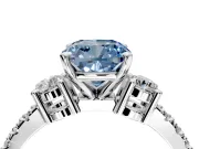 3 Stone Engagement Ring Setting for Fancy Blue Cushion Cut Center with Round Cut Side Accents and Prong Head in White Gold