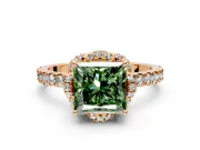 Halo Engagement Ring Setting for Fancy Green Princess Cut Center with Openwork Halo, Pave Band and Prong Head in Rose Gold