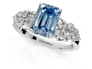 Cluster Engagement Ring Setting for Fancy Blue Emerald Cut Center with 2-Row Shoulder Clusters and Prong Head in Sterling Silver