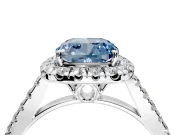 Halo Engagement Ring Setting for Fancy Blue Cushion Cut Center with Raised Halo, Pave Band and Prong Head in White Gold