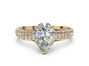 Solitaire Engagement Ring Setting for Pear-Shaped Center with Multi-Row Pave Accents and Basket Head in Yellow Gold