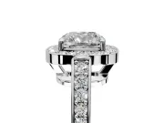 Bezel-Framed Halo Engagement Ring Setting for Cushion Cut Center with Pave Band and Prong Head in Sterling Silver