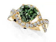Halo Engagement Ring Setting for Fancy Green Heart-Shaped Center with Pave Infinity Twist Band and Prong Head in Yellow Gold