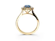 Halo Engagement Ring Setting for Fancy Blue Radiant Cut Center with Single-Row Pave, Open Basket and Prong Head in Yellow Gold