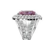 Double Halo Engagement Ring Setting for Fancy Pink Emerald Cut Center with Narrow Pave Split Shank and Prong Head in Platinum