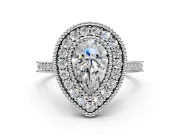 Halo Engagement Ring Setting for Pear-Shaped Center with Milgrain Frame, Pave Band and Prong Head in White Gold