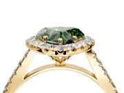 Halo Engagement Ring Setting for Fancy Green Heart-Shaped Center with Narrowing Pave Band and Prong Head in Yellow Gold