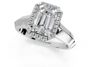 Halo Engagement Ring Setting for Emerald Cut Center with Knife Ridge Cathedral Band and Prong Head in Platinum