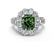 Large Accent Halo Engagement Ring Setting for Fancy Green Radiant Cut Center with Pave Split Shank and Prong Head in White Gold