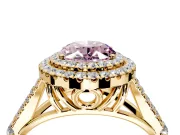 Double Halo Engagement Ring Setting for Fancy Pink Oval Center with Narrow Pave Split Shank and Prong Head in Yellow Gold