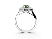 Cluster Halo Engagement Ring Setting for Fancy Green Oval Center with Milgrain Bezel Accents and Prong Head in Platinum