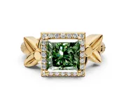 Halo Engagement Ring Setting for Fancy Green Princess Cut Center with Floral Band and Prong Head in Yellow Gold